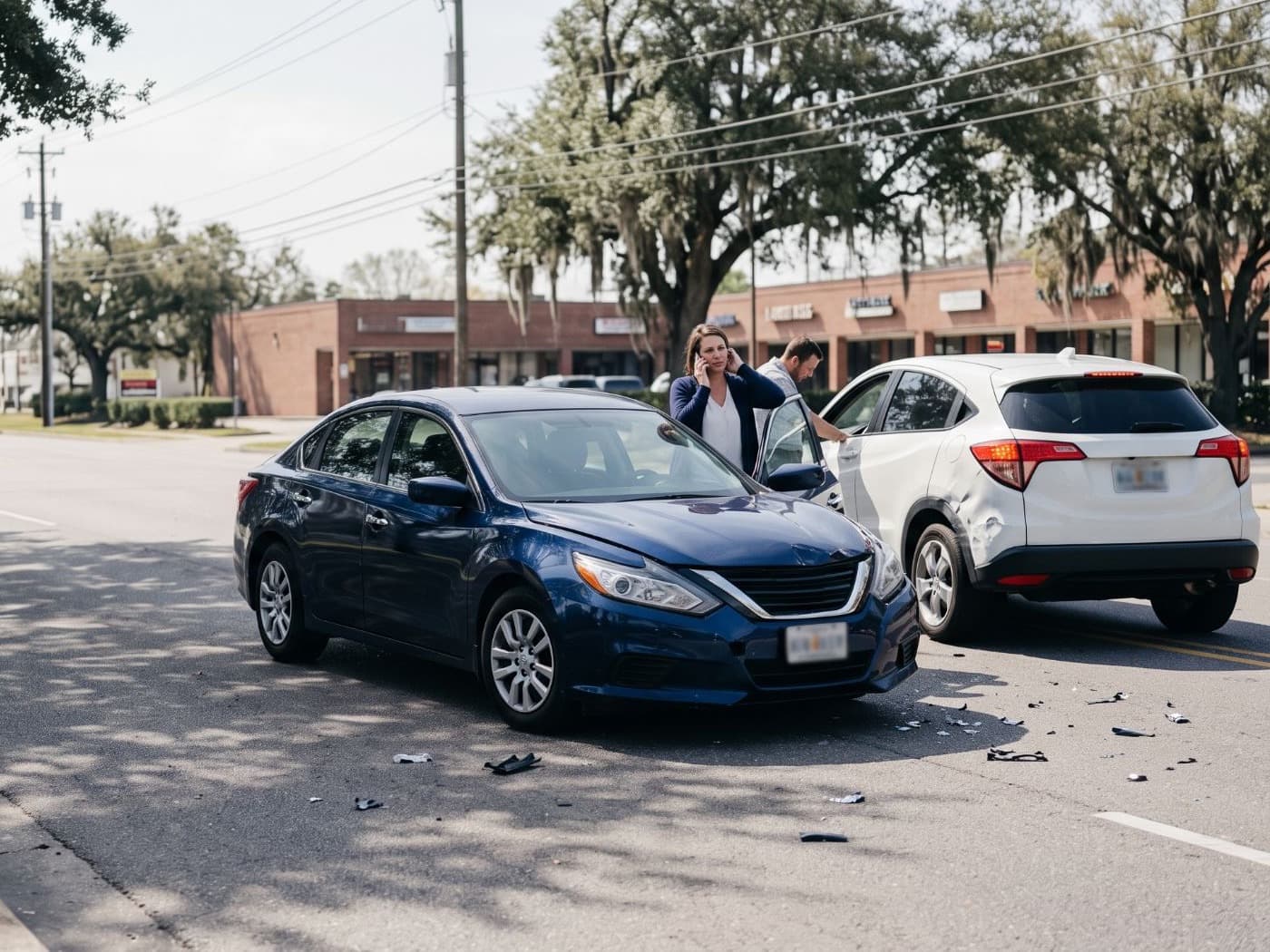 Two drivers on the phone beside a blue sedan and a white SUV after a collision on a Baton Rouge street