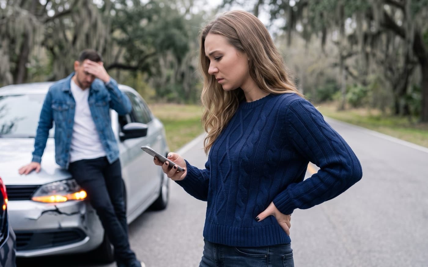 A woman on her phone at the roadside after a collision, the other driver leaning on his car with his head in his hand
