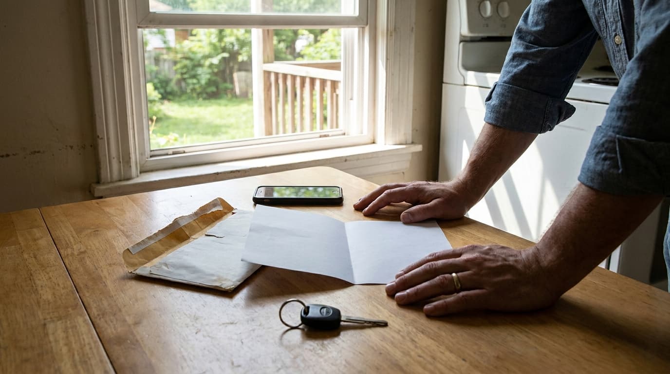 Driver at a sunny kitchen table reviewing a letter about a closed auto insurance claim
