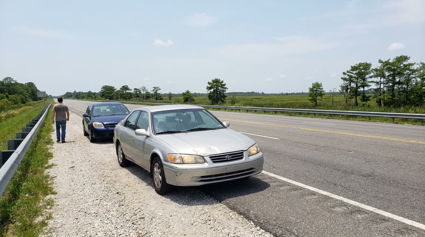 Two cars stopped safely on a sunny Louisiana interstate shoulder after a minor rear-end crash