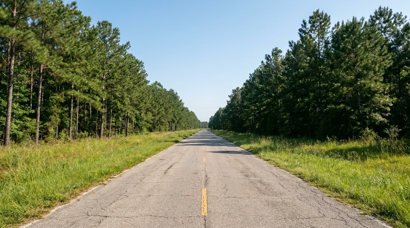 Sunny two-lane rural Louisiana highway lined with tall pines and a yellow center line