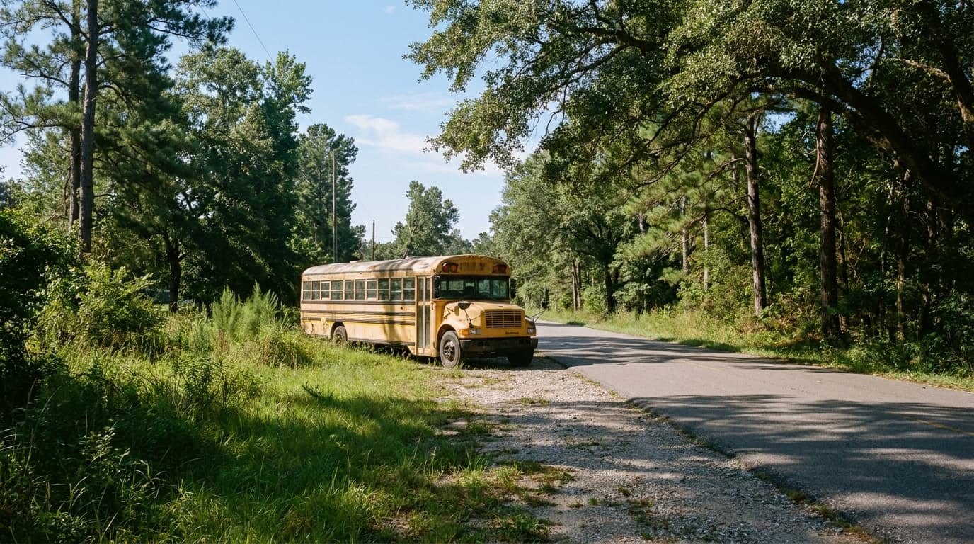 Yellow school bus parked on a sunny rural Louisiana two-lane road lined with trees